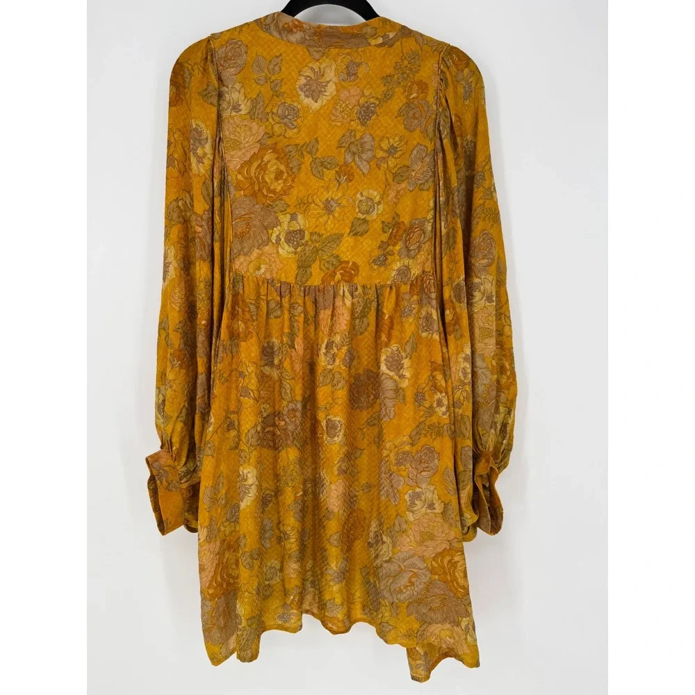 SISSEL EDELBO 100% SILK ONE SIZE MINI DRESS GOLDEN FLORAL OVERSIZED BOHO FAIRY‎